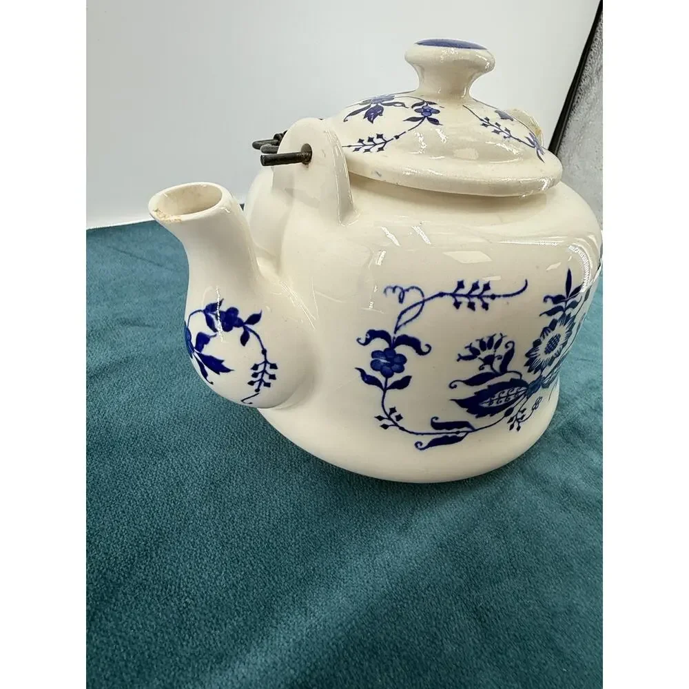 Blue Onion Floral Ceramic Tea Kettle Vintage Japan Farmhouse Cottage Teapot 9x7